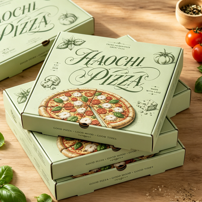 Stacked multiple custom printed pizza boxes layered on wooden table, full color vintage ingredient illustration, bulk wholesale recyclable corrugated pizza takeaway packaging boxes