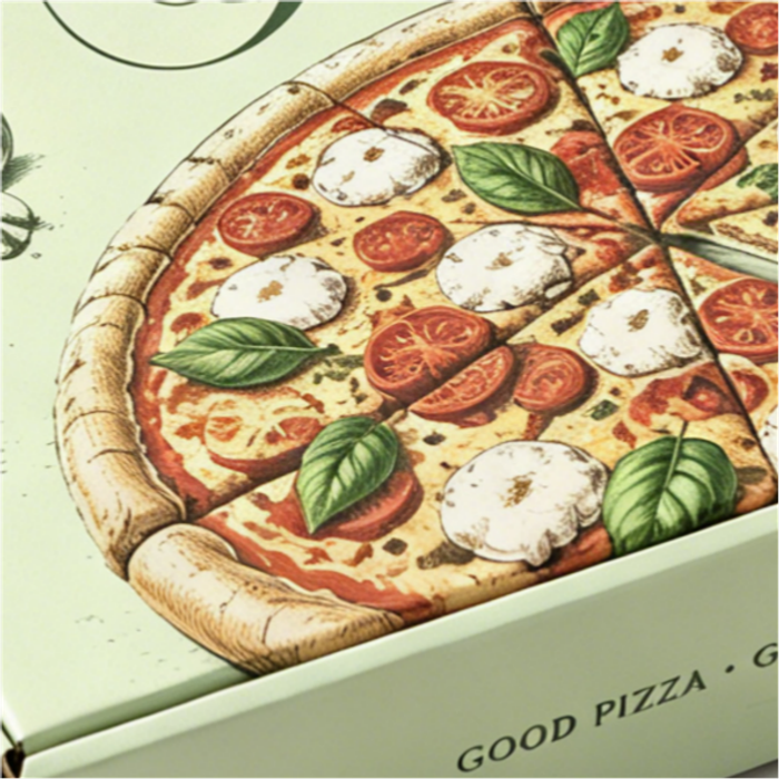 Close-up macro shot of vintage hand drawn margherita pizza print on custom light green pizza box surface, detailed tomato basil mozzarella artwork for wholesale food packaging