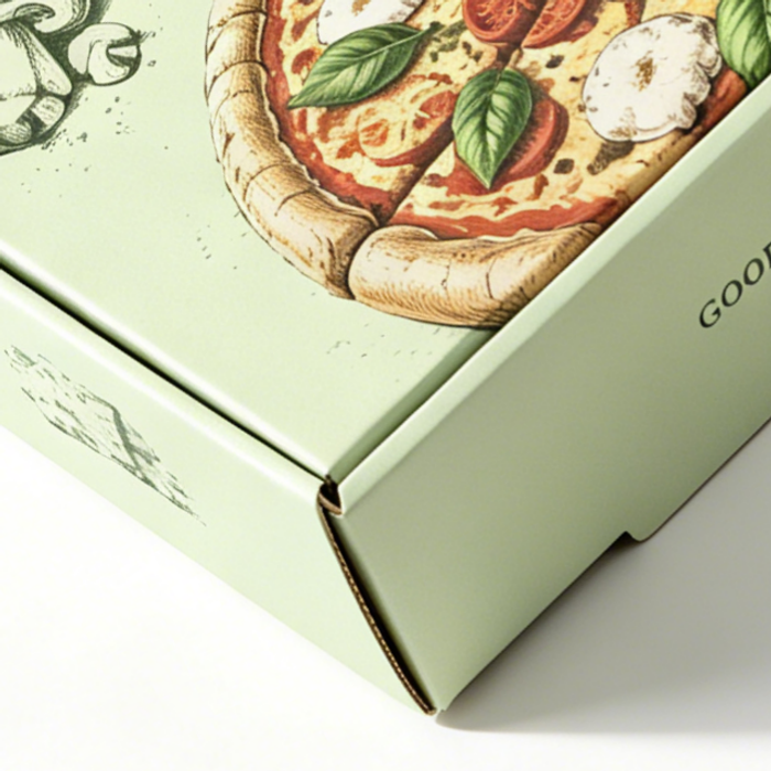 Close-up corner detail of food grade eco corrugated custom pizza box, light green matte paper texture, kraft cardboard construction for wholesale pizzeria takeout packaging