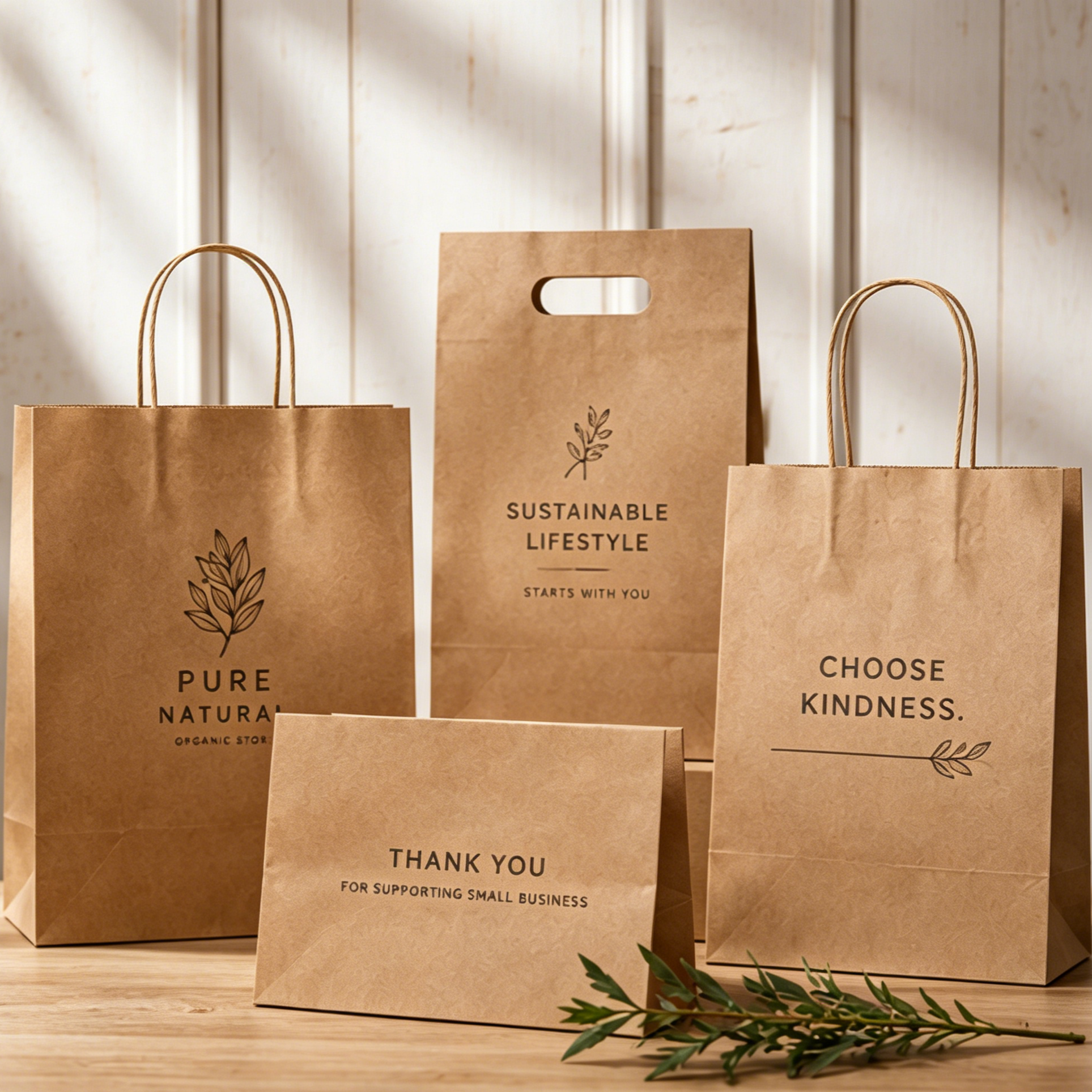 Eco-friendly kraft paper bags with minimalist logos, sustainable packaging mockup