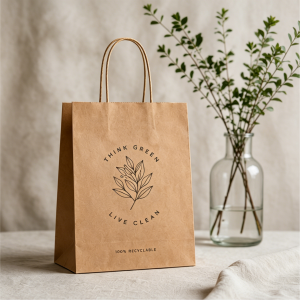 Eco-friendly kraft paper bag with 'Think Green Live Clean' logo, 100% recyclable packaging mockup
