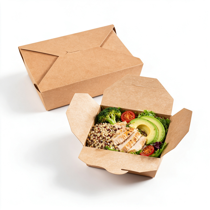 Open Kraft paper takeaway meal boxes filled with fresh chicken salad, avocado, and tomatoes.