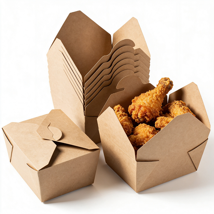 A stack of disposable food containers with one open box holding fried chicken pieces on a white background.