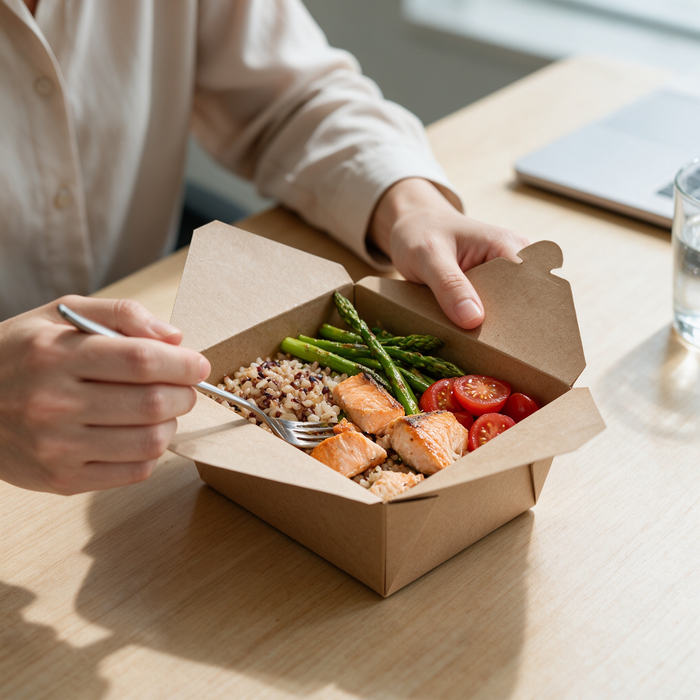 A person eating salmon, rice, and vegetables directly from kraft to go meal boxes at a desk.