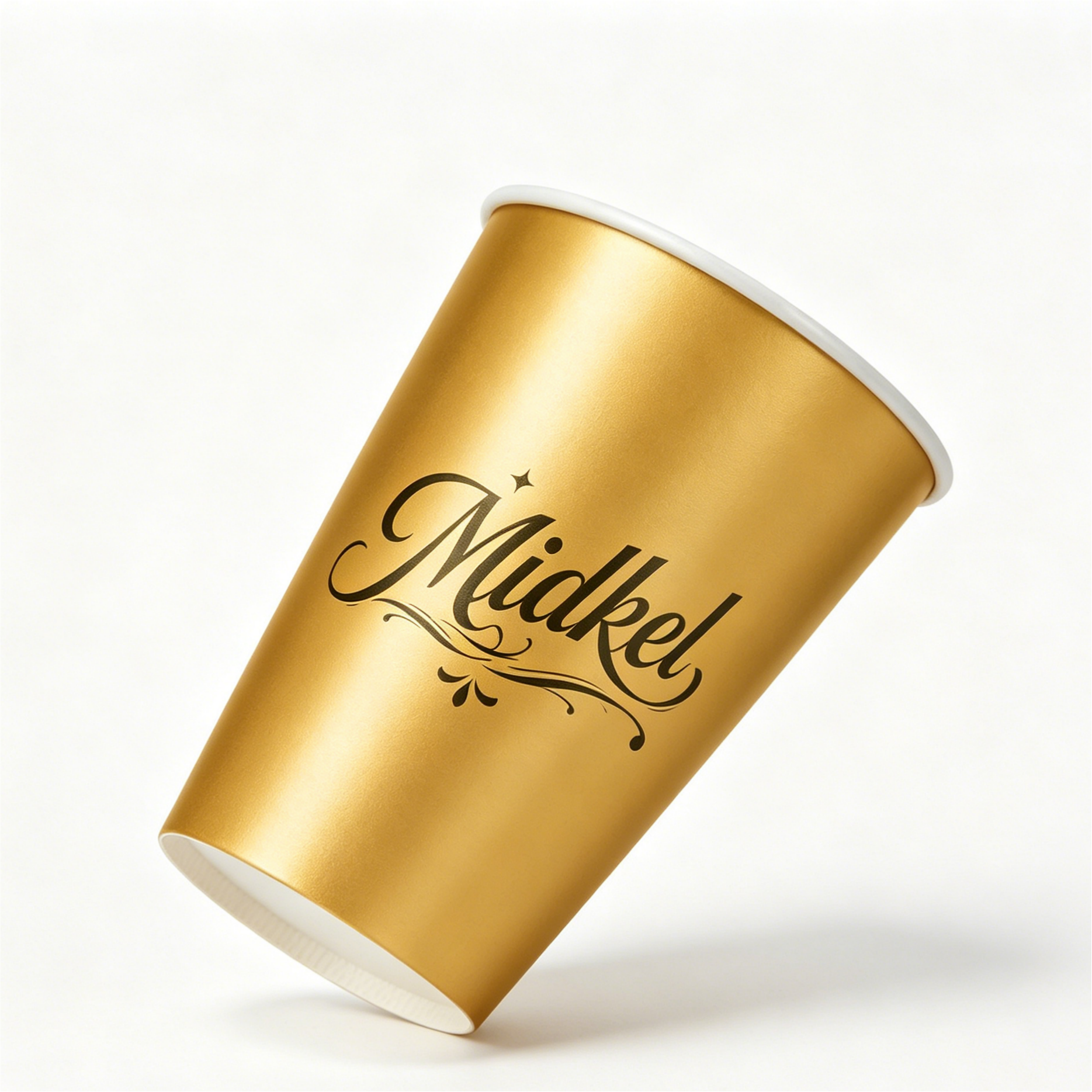 Tilted 45° matte metallic gold custom printed 12oz paper coffee cup, eco disposable to go hot drink cup blank customizable wholesale bulk for coffee shop brand packaging