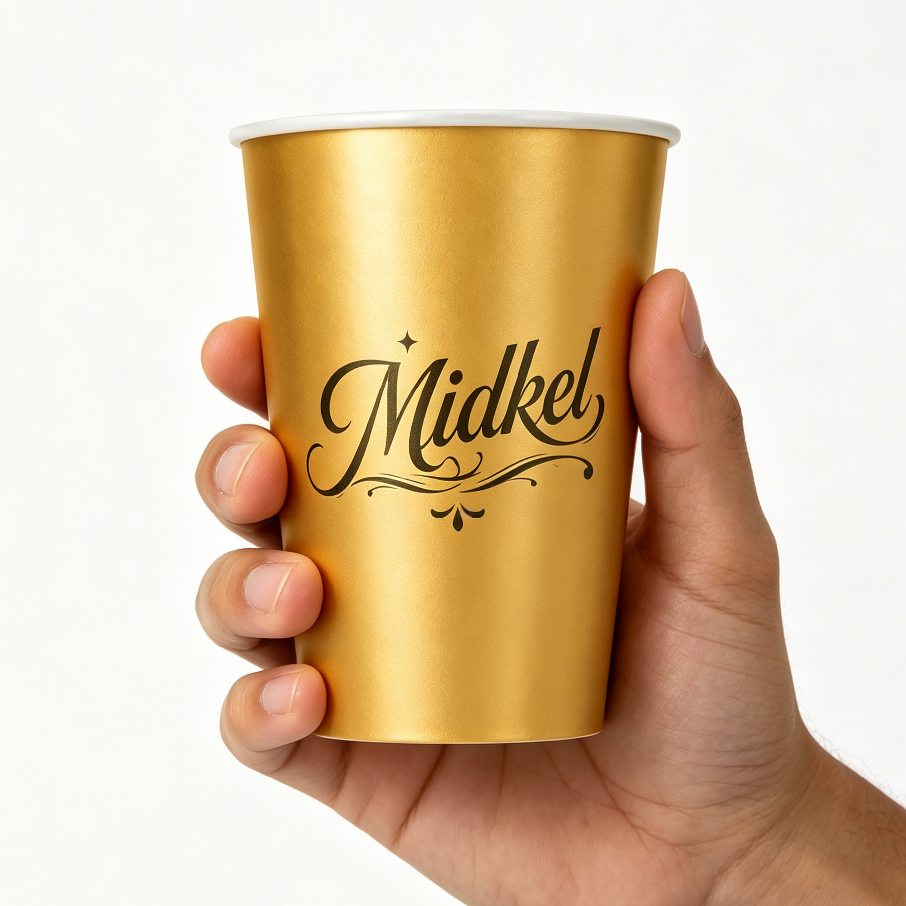 Human hand holding luxury matte gold custom logo 12oz disposable paper coffee cup, eco compostable takeaway hot beverage cup bulk wholesale custom printing service from Tuobo