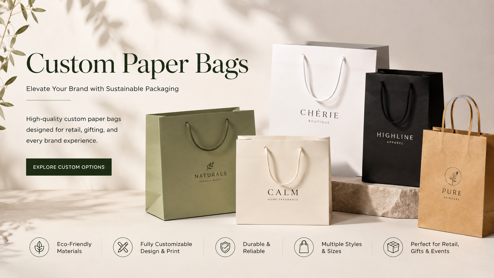 Collection of custom paper bags with handles in multiple styles and colors displayed in a modern retail packaging setting, showcasing sustainable branded packaging solutions for gift, retail, beauty, fashion, and luxury product packaging.