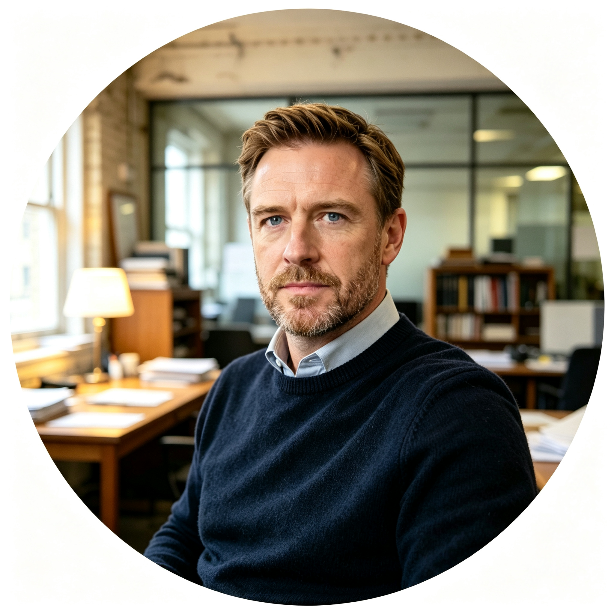 Circular portrait of a middle-aged Caucasian male professional with a beard wearing a navy blue sweater in a modern office environment.