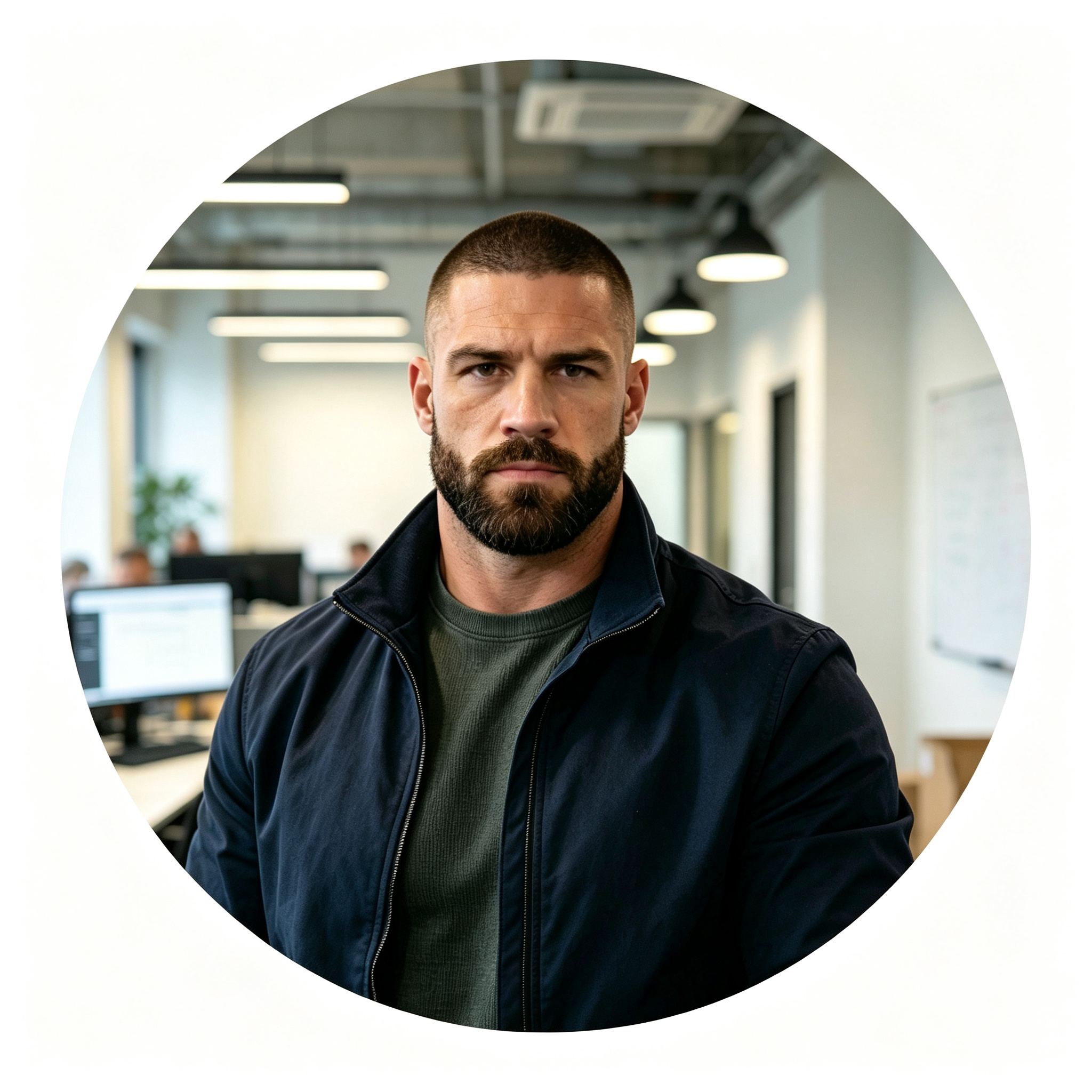 Circular portrait of a athletic Caucasian businessman with a short buzz cut and beard wearing a dark jacket in a bright office space.