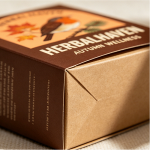  Close-up of  tea box corner showing matte kraft texture and precise folded edges