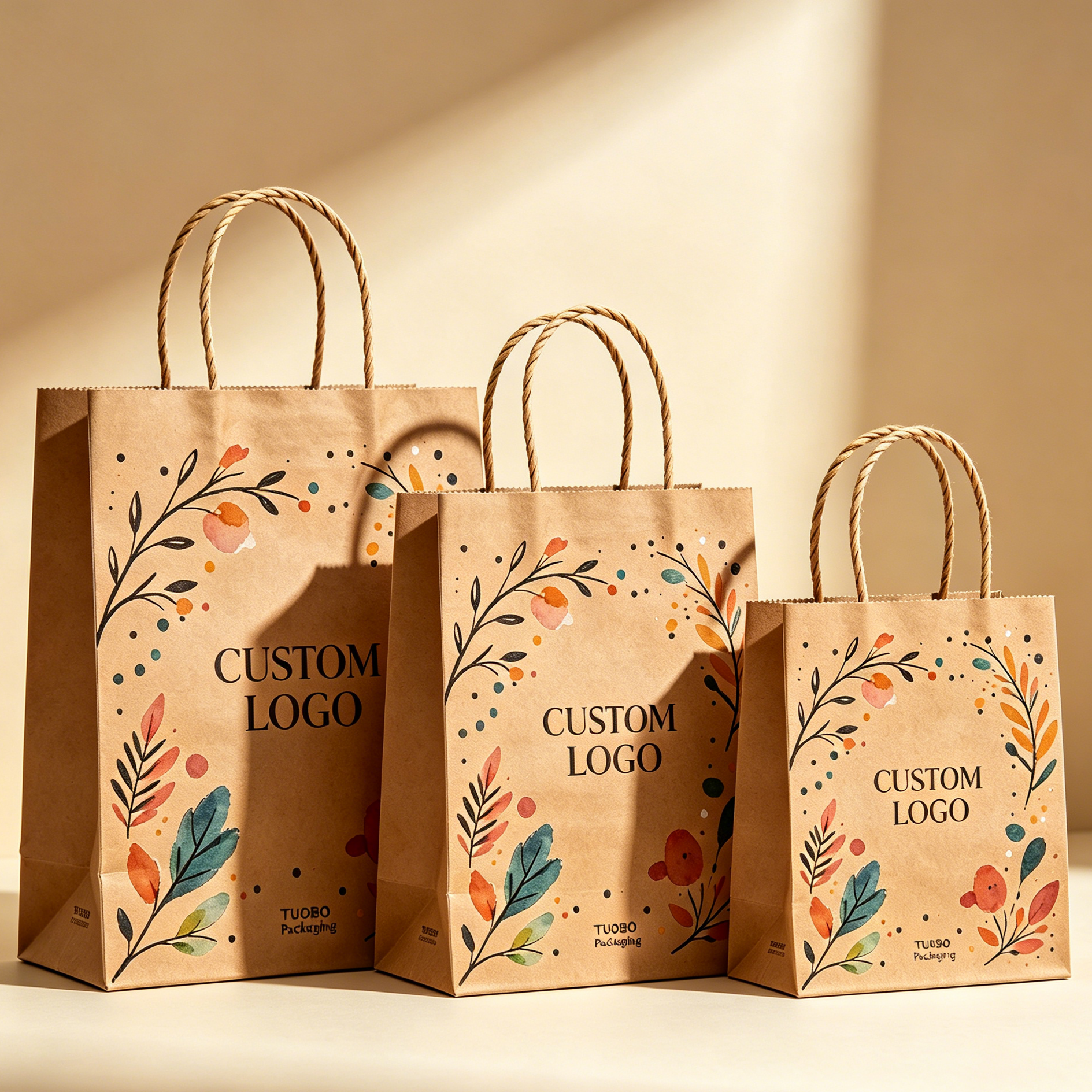 Three sizes of custom printed kraft paper shopping bags with watercolor floral design and custom logo space, arranged on a neutral background.