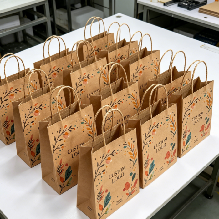 Custom printed kraft paper gift bags with floral designs and twisted handles, factory production view