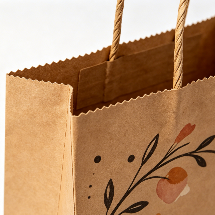 Close-up of the twisted kraft paper handle, serrated top edge, and inner stitching details of a custom printed paper bag.