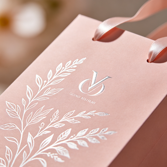 Close-up of a blush-pink custom paper bag with silver foil logo and delicate botanical line art print, highlighting premium branding.