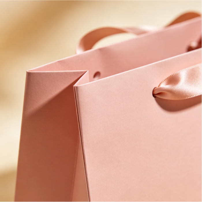 Macro shot of a blush-pink custom paper bag, showcasing reinforced corner construction and satin ribbon handle attachment.