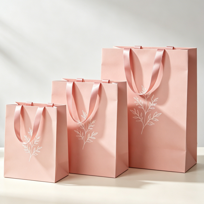 Three sizes of blush-pink custom paper bags with satin ribbon handles and botanical print, arranged on a clean white background.