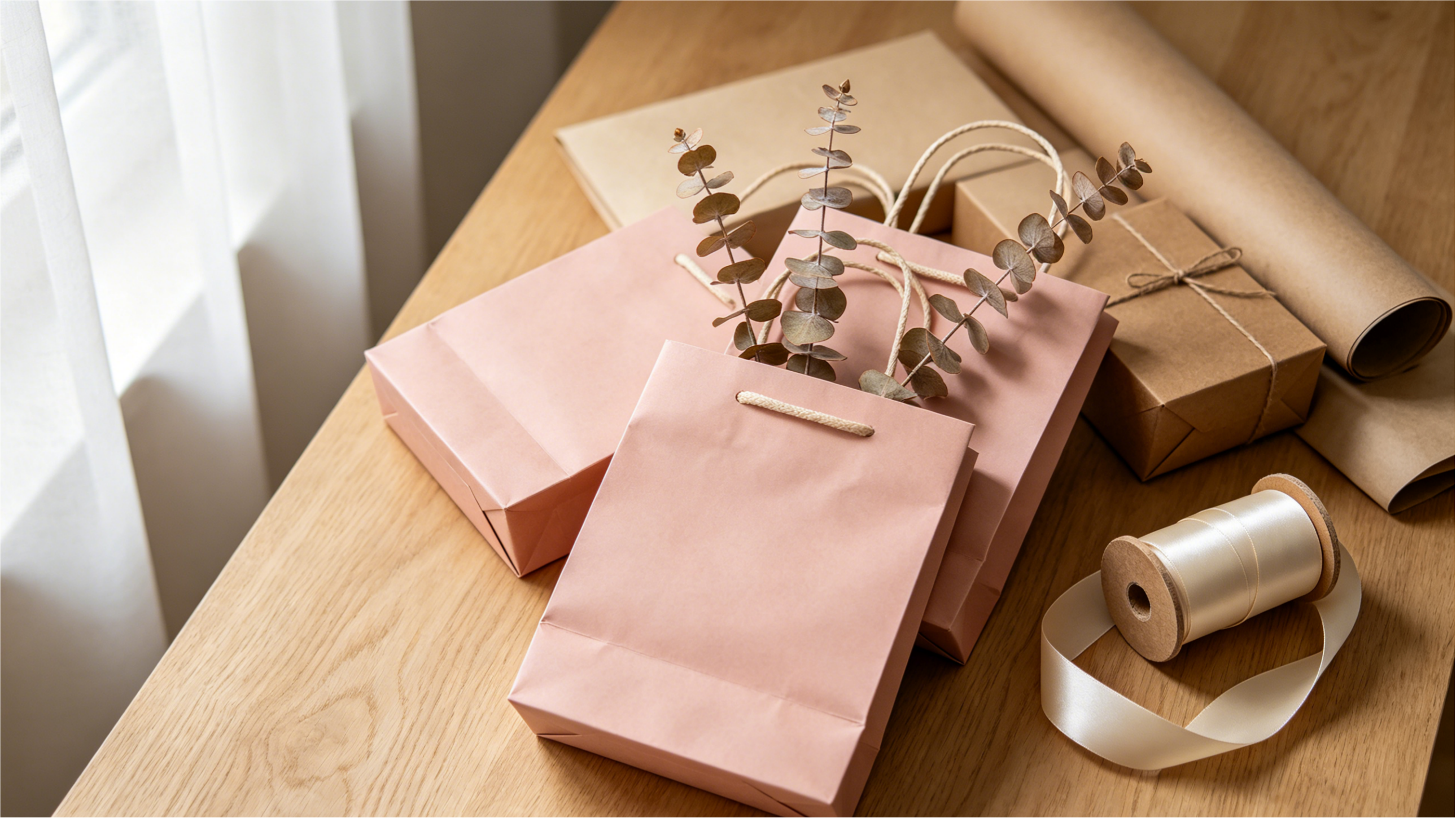 Flat lay arrangement of blush-pink custom paper gift bags with rope handles, paired with wrapping paper and satin ribbon on a wooden table.