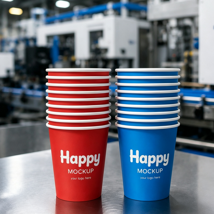 Stacks of custom printed takeaway paper cups in vibrant red and blue colors, manufactured with food grade material in a modern factory setup for wholesale supply.