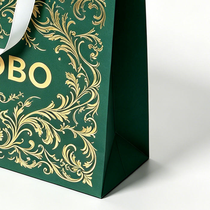 45-degree close up of dark green boutique paper bag bottom corner, embossed vintage gold foil floral pattern, white satin handle, plain white background, custom wholesale retail gift packaging
