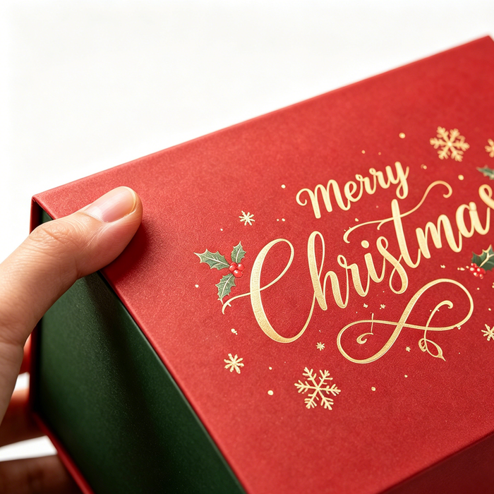 Macro closeup of raised gold hot foil stamping on soft touch rigid Christmas gift box, premium printing craft detail