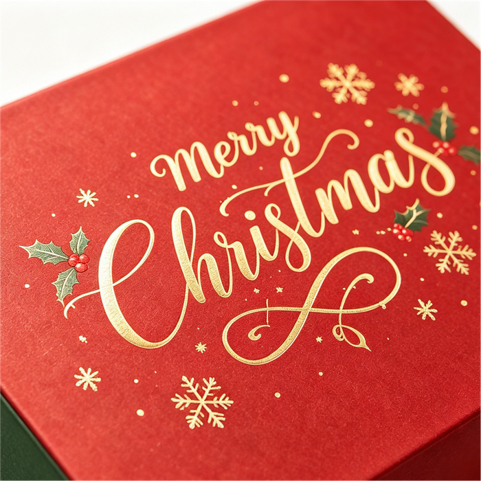 Ultra macro shot shiny gold foil Merry Christmas lettering on matte red rigid gift box, custom packaging printing texture