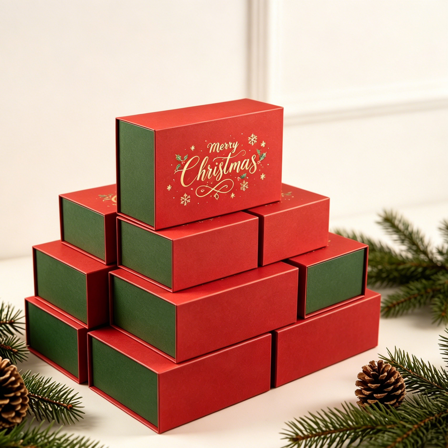 Stacked Red Green Foil Print Christmas Rigid Gift Boxes On Wooden Table