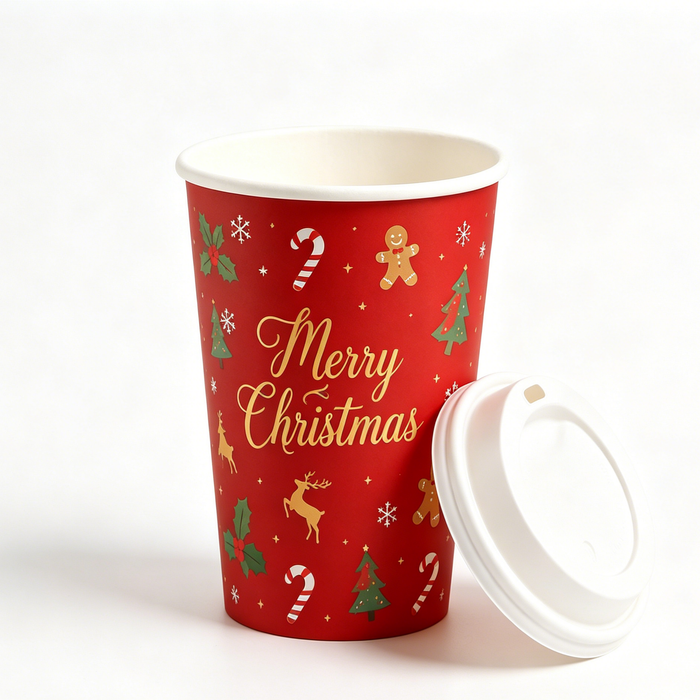 Product shot of custom disposable Christmas paper coffee cup with detachable white plastic lid, full seasonal holiday artwork print, food grade kraft paper hot drink cups wholesale for restaurant coffee shop seasonal promotion