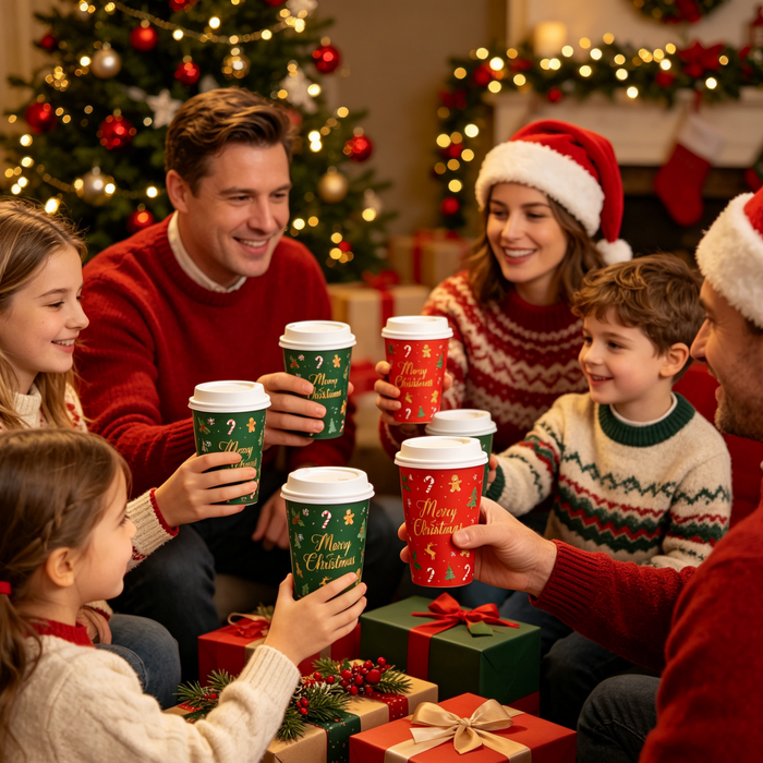 Lifestyle photo of family gathering holding multi-size custom Christmas disposable paper coffee cups with red green festive print, eco friendly hot drink paper cups wholesale supplier for holiday party retail hospitality packaging