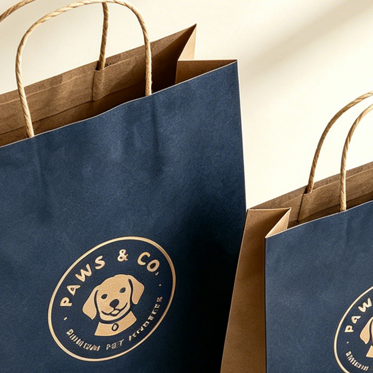 Close-up shot of two custom navy blue kraft paper shopping bags with natural twisted paper handles and a gold foil "PAWS & CO." logo, highlighting premium texture.