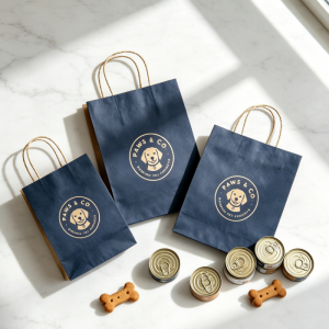 Three sizes of custom navy blue kraft paper bags arranged on a marble surface with pet food cans and bone-shaped treats, showing versatile packaging solutions.