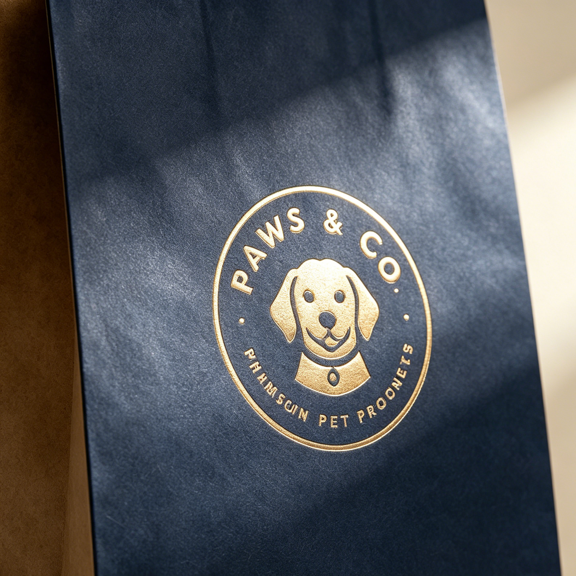 Macro shot of a gold foil embossed "PAWS & CO." logo on a navy blue kraft paper bag, highlighting premium printing and texture details.