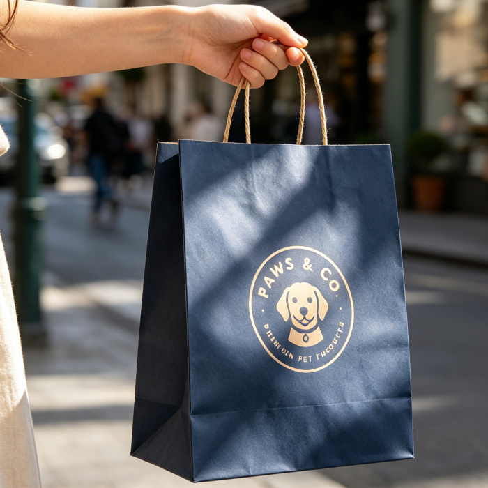 A person’s hand holding a custom navy blue kraft paper bag with gold "PAWS & CO." logo, walking on a sunlit city street, showcasing brand visibility.