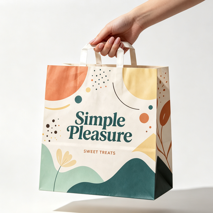 Hand carrying modern branded shopping bags made from eco friendly kraft material, showcasing stylish paper carry bags for retail packaging bags needs.