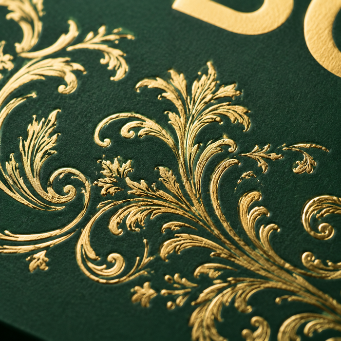 Ultra macro close-up of raised hot gold foil baroque floral emboss on dark green matte paper, show premium custom printing craft for high-end retail packaging
