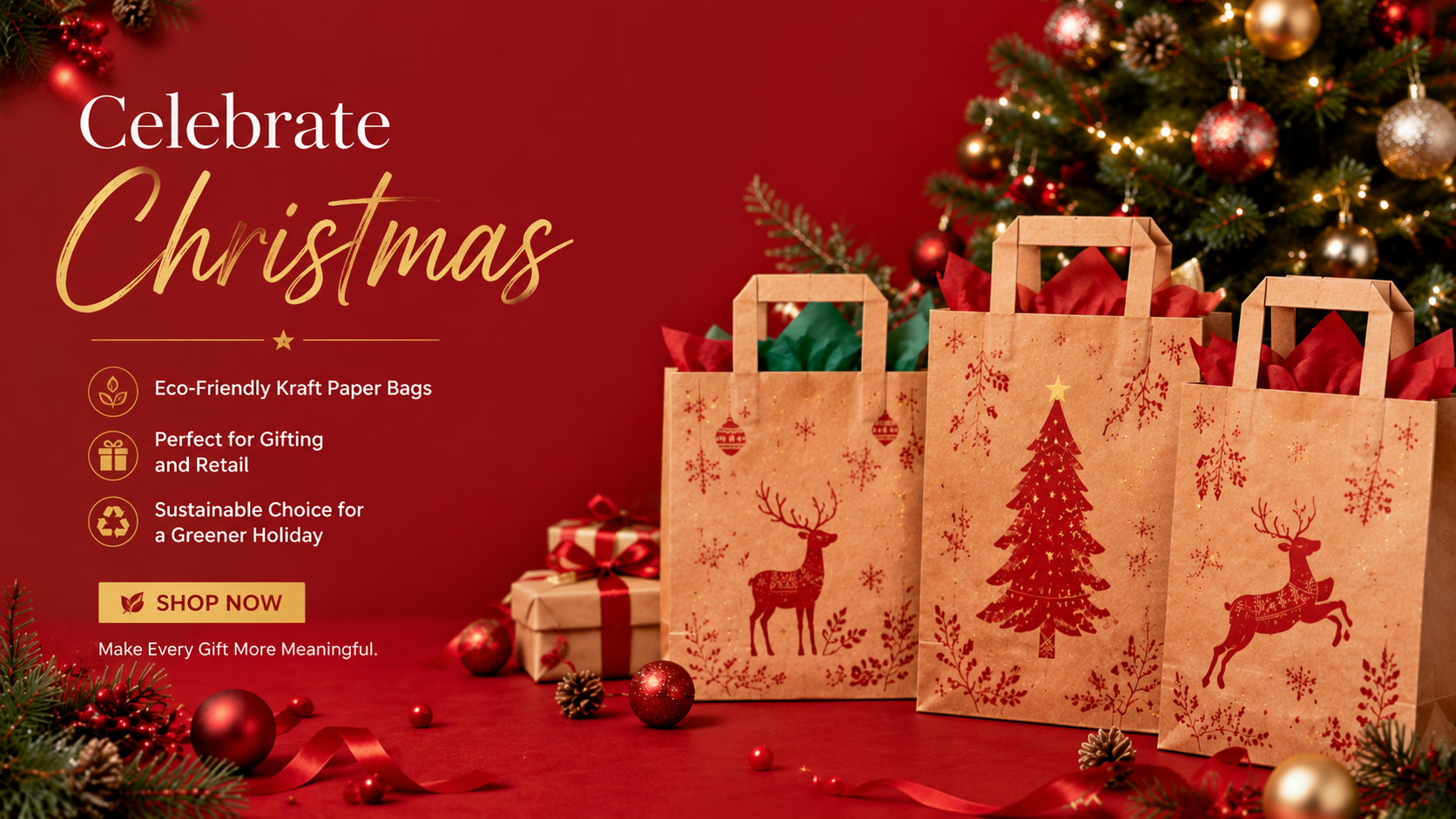 Horizontal banner shot of bulk custom printed kraft paper Christmas gift bags with reindeer pine tree prints, red festive holiday backdrop, sustainable eco retail gift packaging mockup