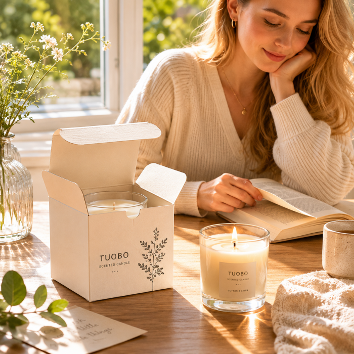 Woman relaxing by a sunlit window with a scented candle in a branded tuck top tab lock box, demonstrating the cozy aesthetic of custom candle packaging.