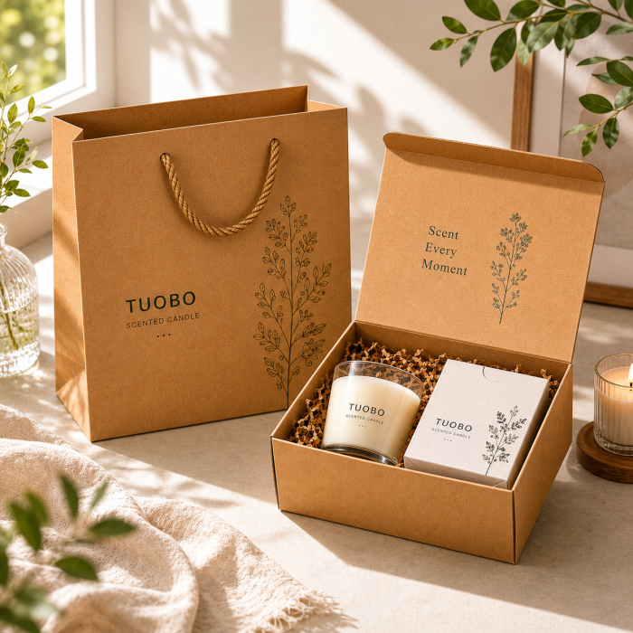 Luxury gift set featuring a custom printed kraft paper tuck top box and matching paper bag, presented with a scented candle and filler paper for premium candle retail packaging.