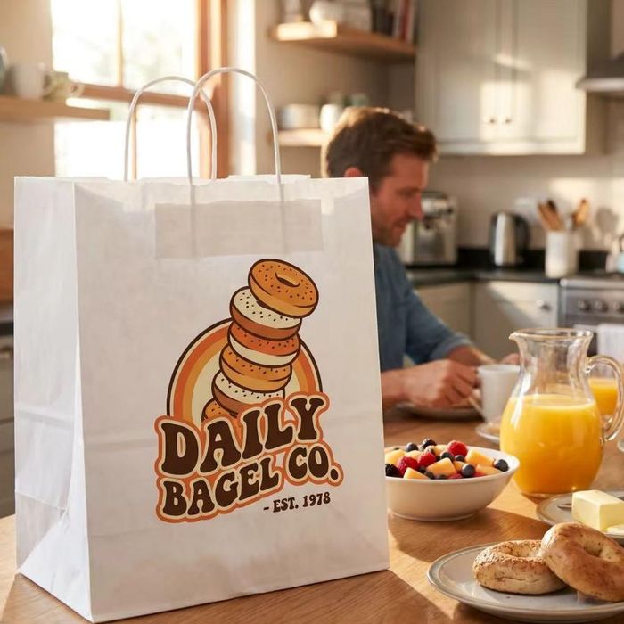 Branded twisted handle paper bags on home breakfast table, eco friendly recycled bakery paper bags, food safe bread packaging bags for boutique bagel shop retail takeaway service