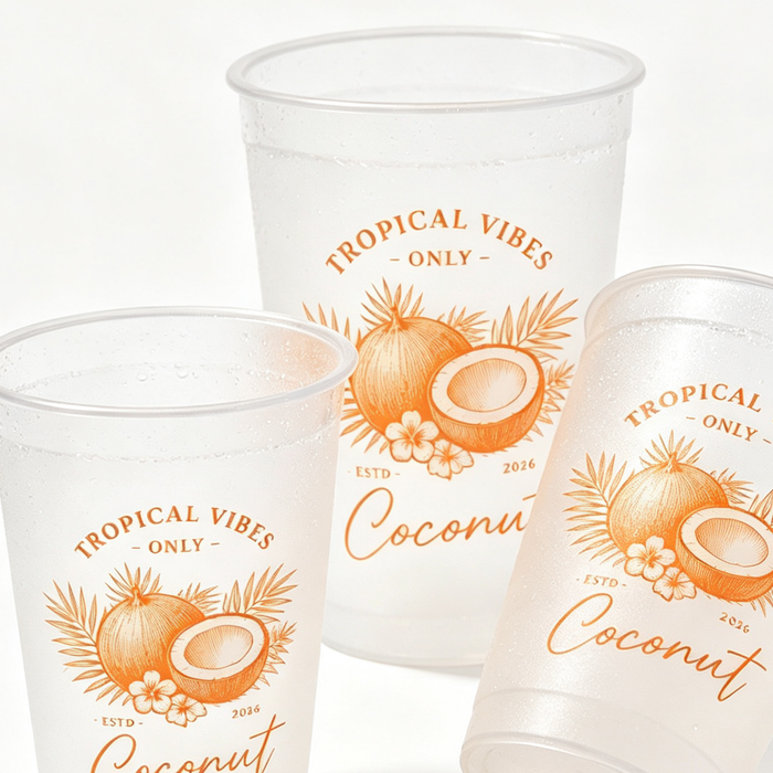 A collection of three empty frosted plastic cups featuring custom tropical branding, presenting a reusable style beverage packaging option and an elegant clear cup alternative.