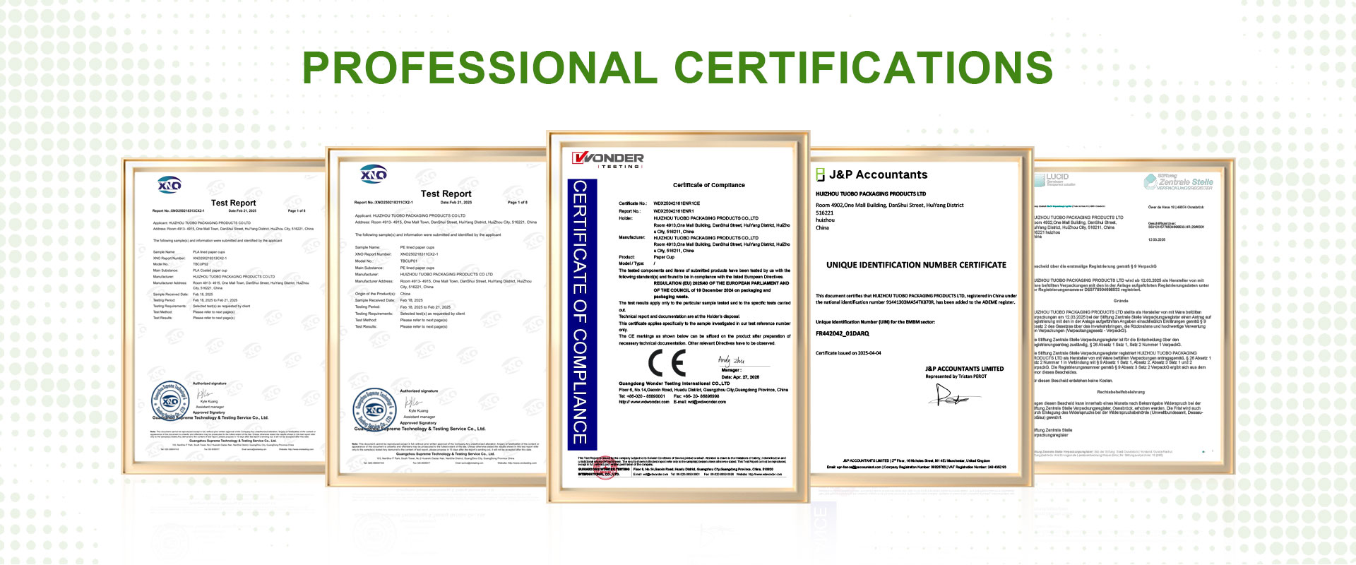 Professional certifications certificates display for Tuobo packaging factory, including XNQ food safety test reports, EU CE certificate of compliance, EMBM UIN unique identification number certificate, German Lucid registration document, food grade paper packaging compliance certifications for Europe market