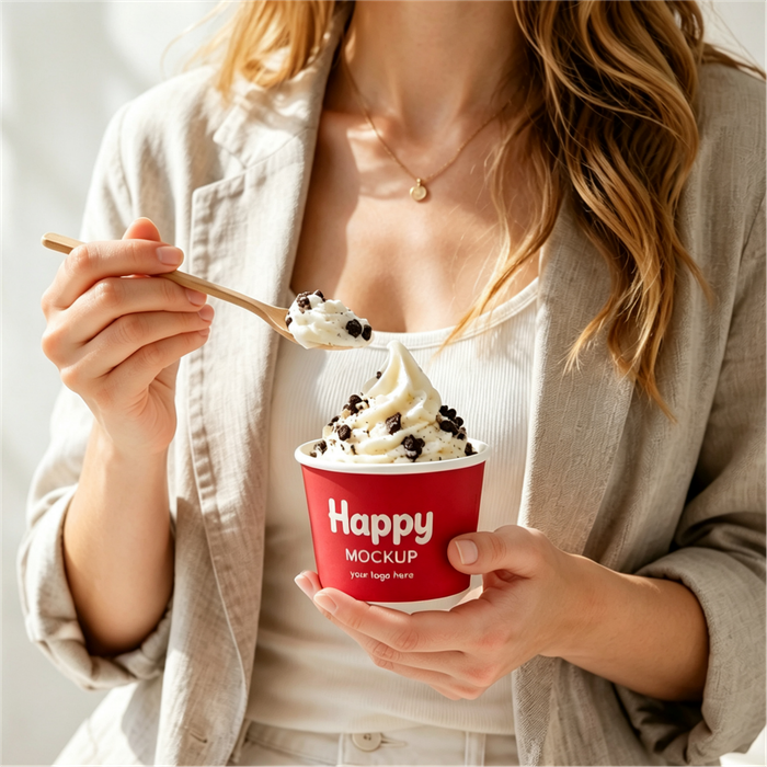 A close-up of a person holding a 4oz ice cream cups sample in red filled with soft-serve and cookie toppings, perfect for ice cream paper cups wholesale from professional China mini ice cream cups manufacturers.