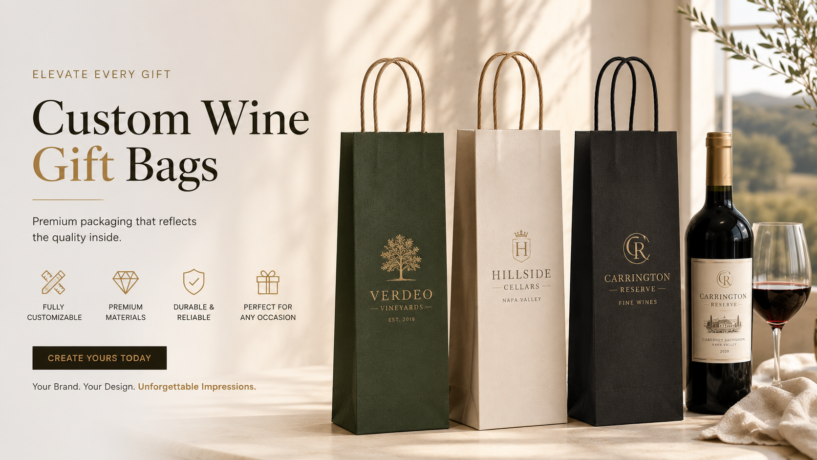 Custom wine gift bags with twisted handles in multiple colors and sizes, luxury paper bottle packaging for wineries, wine shops, retail gifting, and branded promotional packaging.